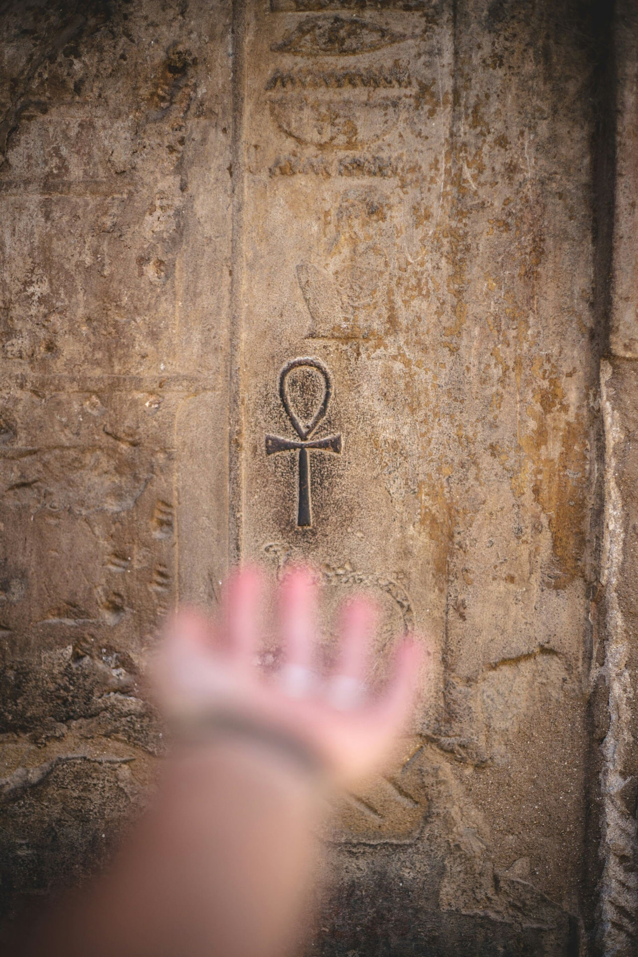 main posée sur un mur de pierre antique gravé d'une croix de vie ankh